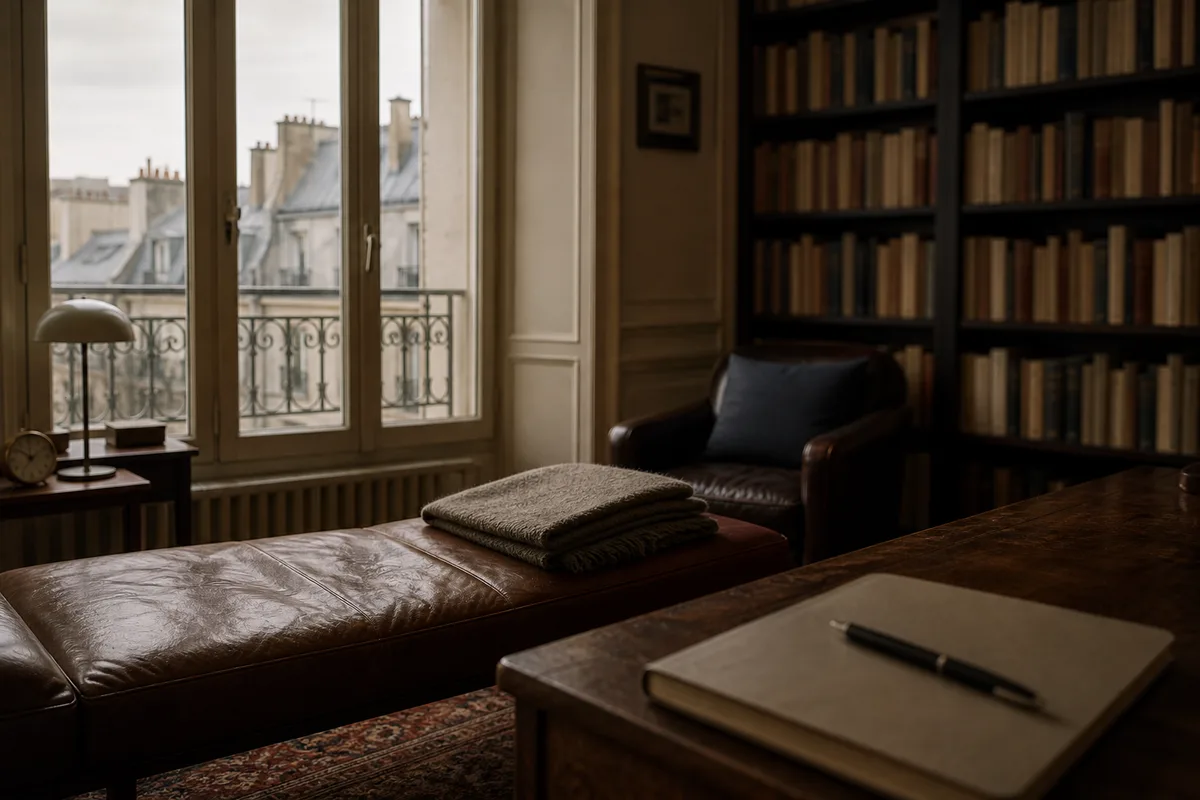 Bureau parisien avec agenda, stylo et fenêtre donnant sur des toits de zinc