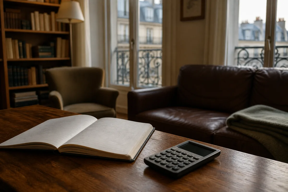 Carnet de comptes ouvert et calculatrice posés sur une table en bois