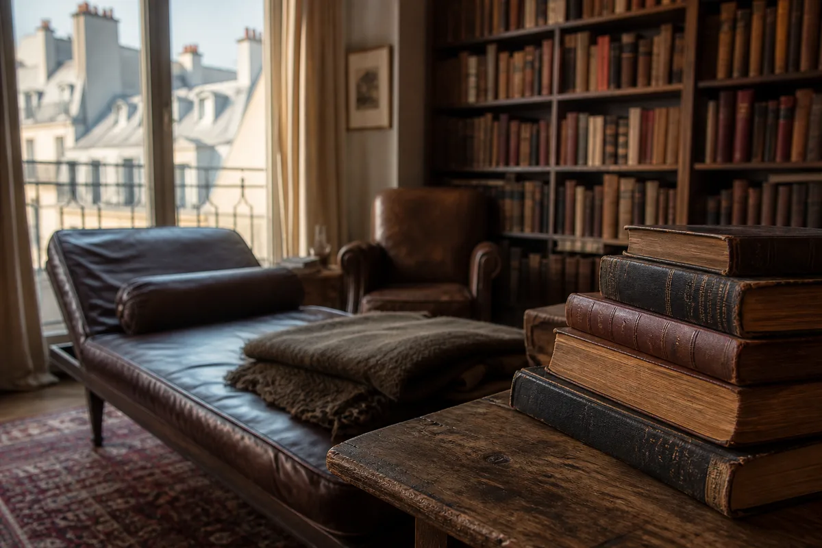 Bibliothèque ancienne aux reliures usées, lumière rasante sur les tranches