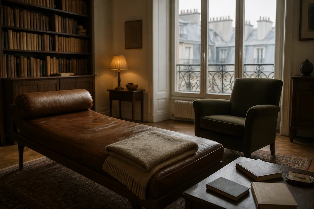Deux fauteuils face à face dans une pièce claire, table basse et carnets
