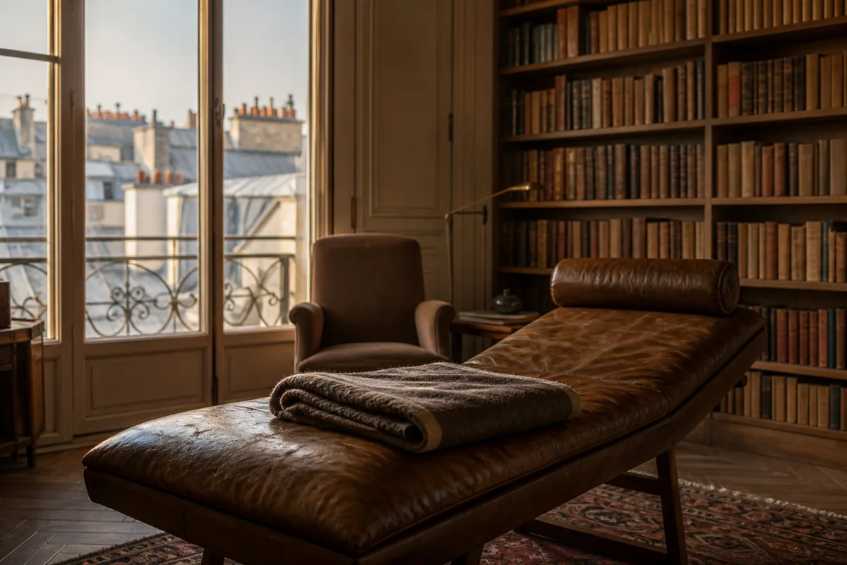 Divan de cabinet devant une fenêtre ouverte sur les toits de zinc de Paris