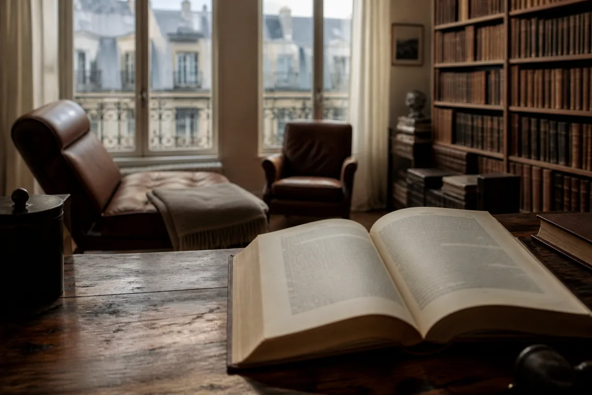 Livre ouvert sur une table de bois, lettres imprimées en gros plan