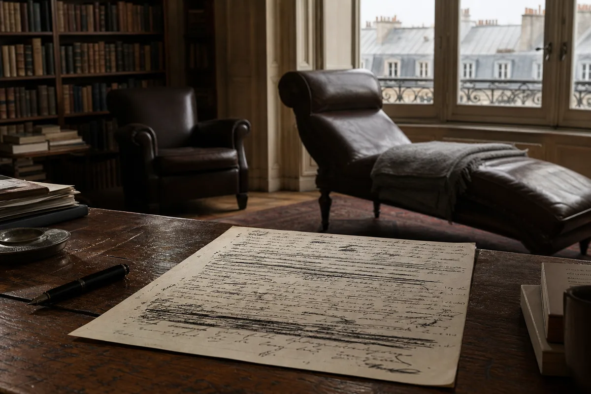 Feuille manuscrite raturée posée sur un bureau, encre noire et marges annotées