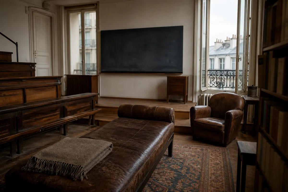 Amphithéâtre vide aux bancs de bois, estrade et tableau noir effacé