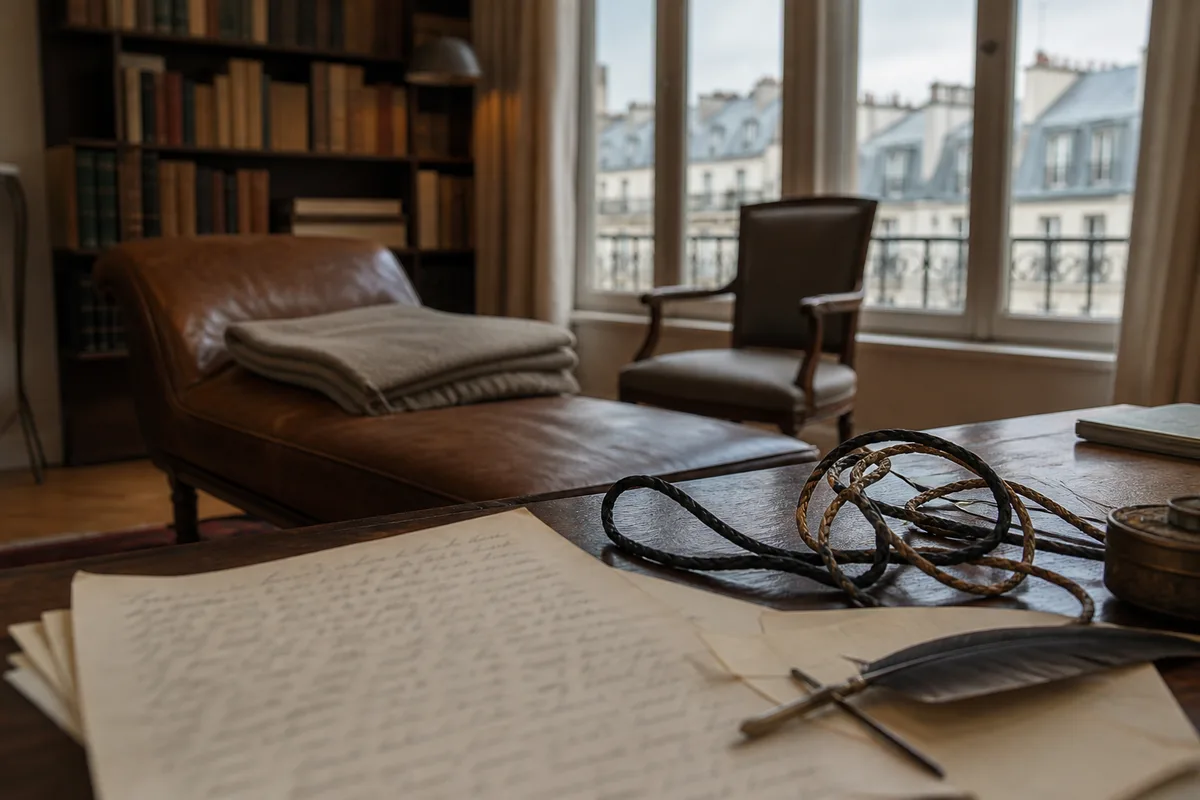 Table de travail avec pages manuscrites, plume et cordes entrelacées