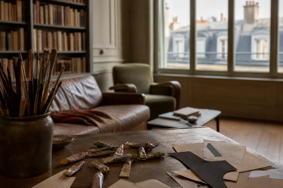 Table d&rsquo;atelier couverte de pinceaux, tubes de couleur et papiers découpés