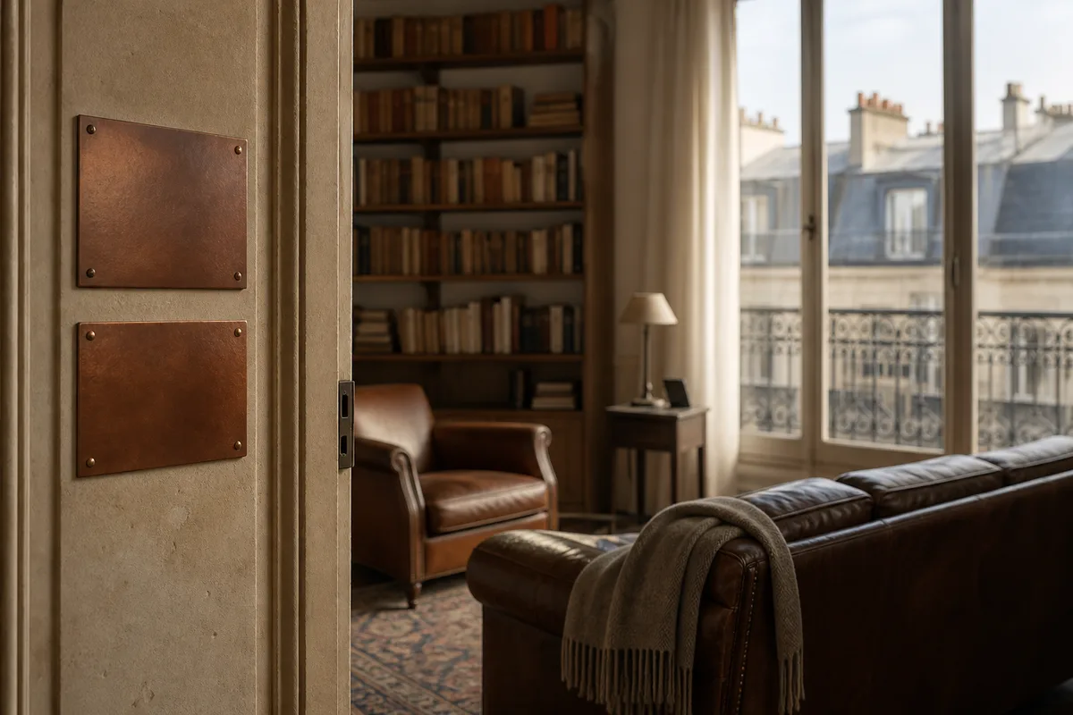Plaques de cuivre alignées sur le mur d&rsquo;un immeuble haussmannien